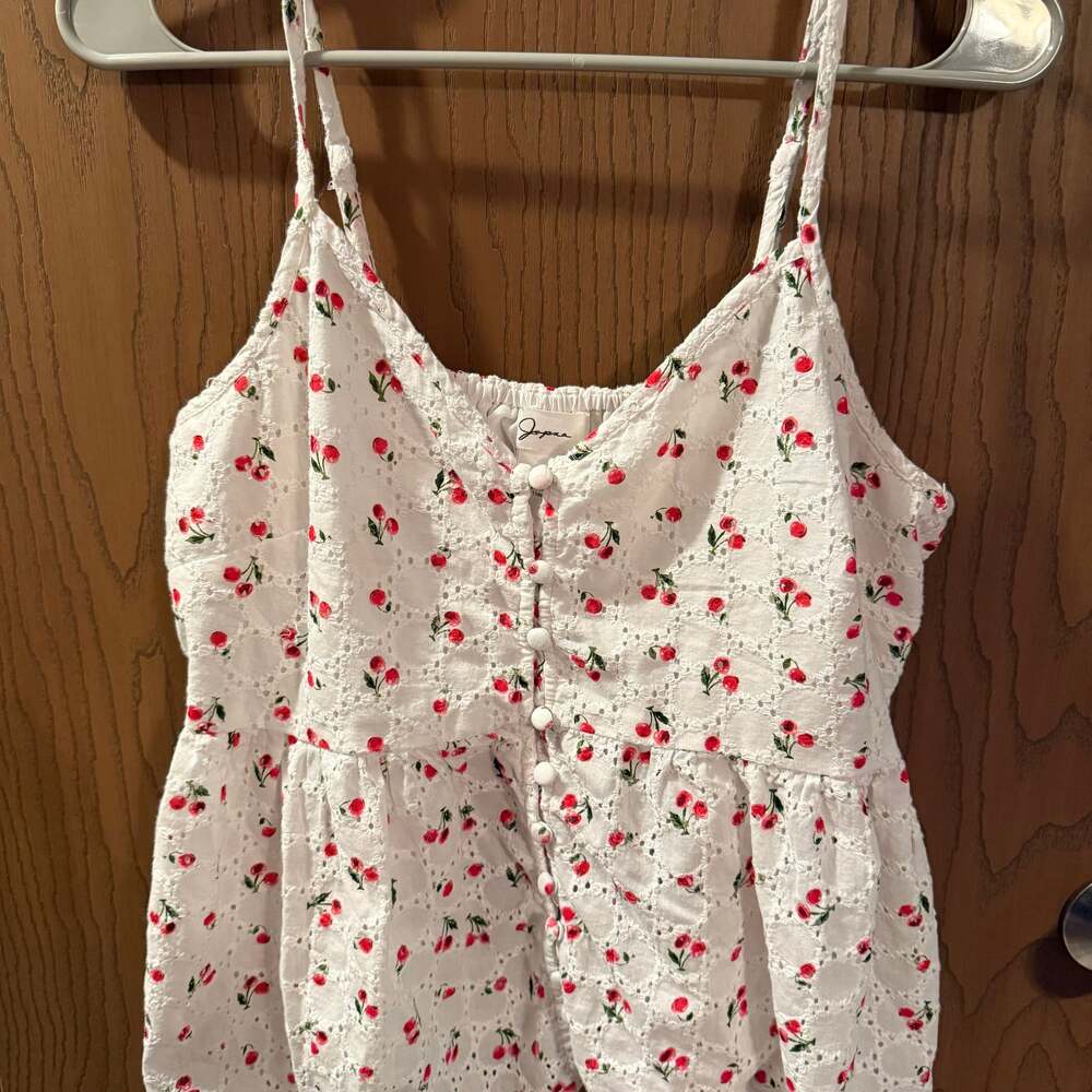 Japna Cherry Print Eyelet Cami Tank Top White Red Size Large